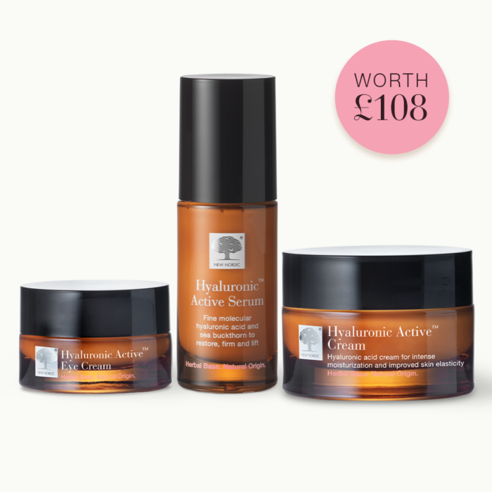 Front of Hyaluronic Active™ Eye Cream, Hyaluronic Active™ Serum and Hyaluronic Active™ Cream packages.