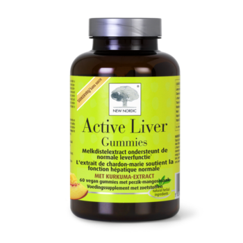 New Nordic Active Liver™ Gummies in pot met groene label op witte achtergrond.