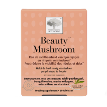 New Nordic Beauty Mushroom™ tabletten in lichtoranje verpakking met focus op huidverzorging en uitstraling.