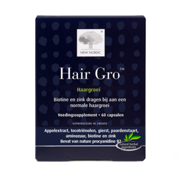 New Nordic Hair Gro™ tabletten in blauwe verpakking, helpen haargroei te ondersteunen.