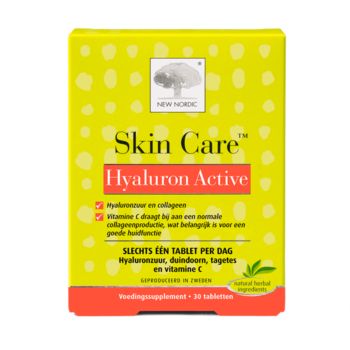 New Nordic Skin Care™ Hyaluron Active tabletten in gele verpakking, helpen de huid te hydrateren en ondersteunen.