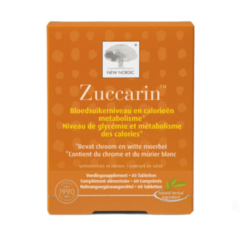New Nordic Zuccarin™ tabletten in oranje verpakking met focus op bloedsuiker en metabolisme.