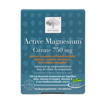 Comprimés New Nordic Active Magnesium Citrate 750 mg en emballage bleu sur fond blanc.