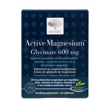 New Nordic Active Magnesium™ Glycinate 600 mg tabletten in blauwe verpakking, helpen spieren en zenuwfunctie te ondersteunen.