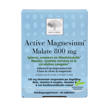 Active Magnesium™ Malate 800 mg verpakking voor spieren, zenuwen en bloedcirculatie.
