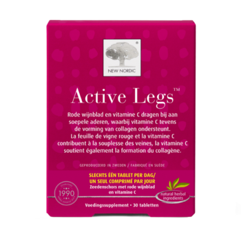Comprimé New Nordic Active Legs™ dans un emballage rouge, axé sur la fonction des veines.