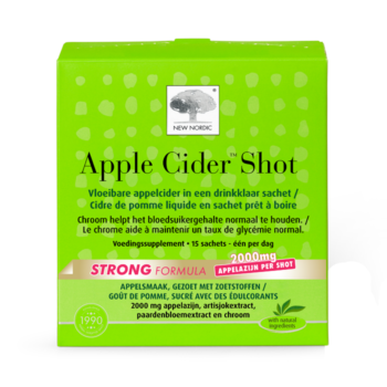 Apple Cider Shot verpakking met drinkklare sachets met appelazijn, makkelijk in te nemen als onderdeel van de dagelijkse routine.