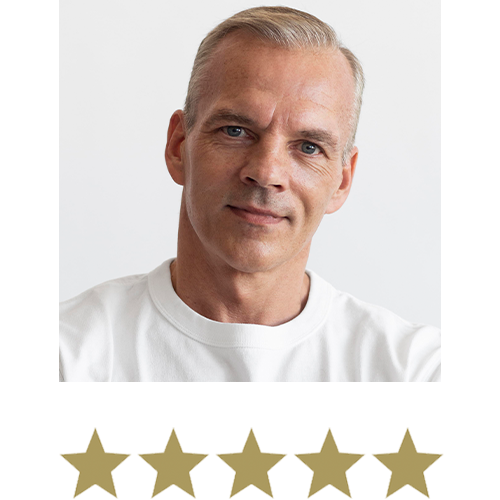Apple Cider™ 2 Glimlachende testimonial met vijf sterren eronder.